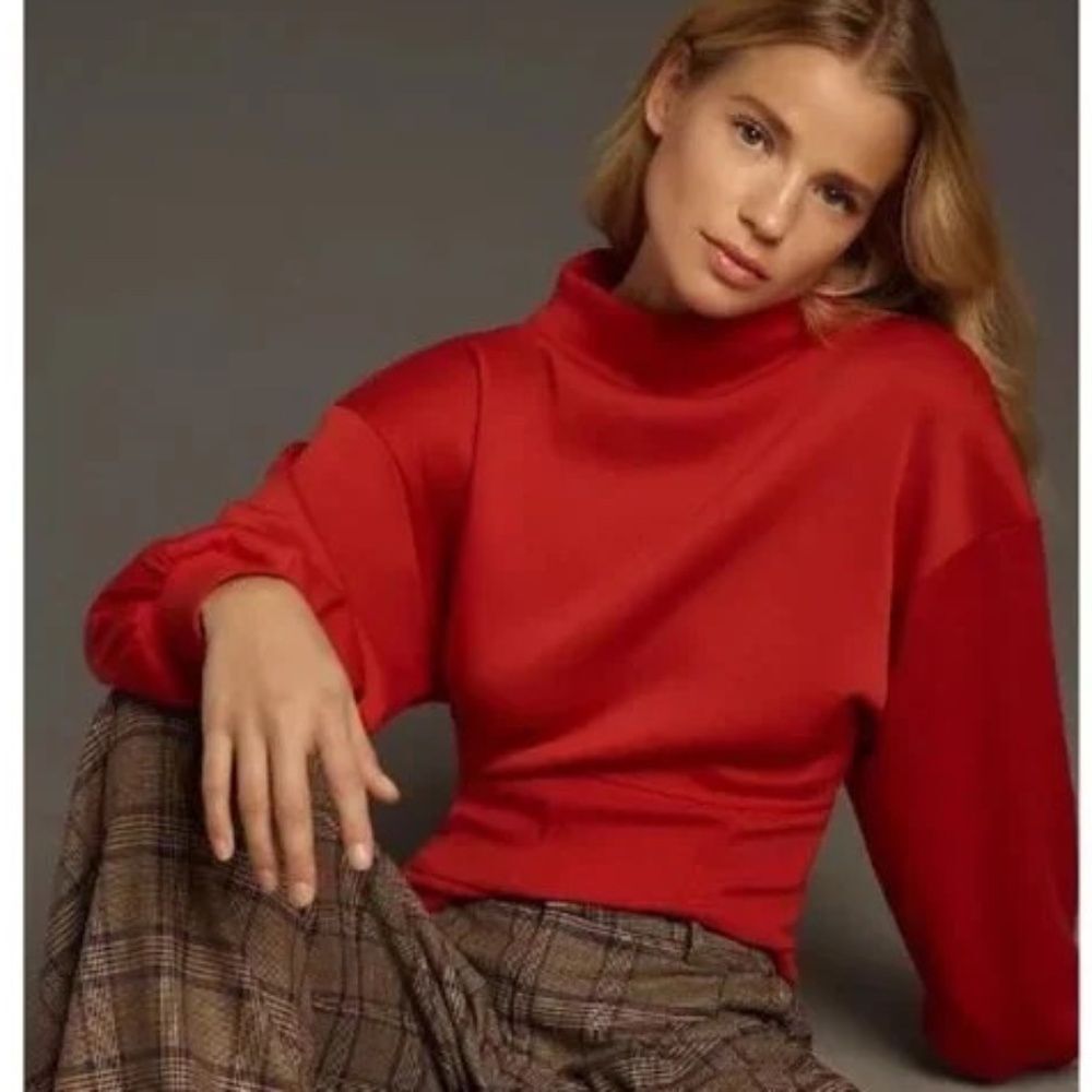 NWT Maeve by Anthropologie Red Corset-Waist Mock Neck Pullover Sweater | Size S